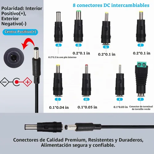 Vista 6 de Fuente de alimentación de 9V 1A Adaptador de CA DC 9Volt Adaptador de corriente Cargador 9V Cable de alimentación con 8 Enchufes de CC
