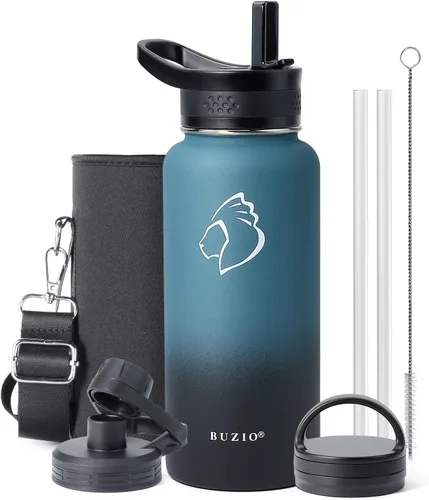 Vista 16 de BUZIO Botella de agua de 32 onzas aislada con popote y 3 tapas y bolsa de transporte, a prueba de fugas, frasco jarra de agua de acero inoxidable