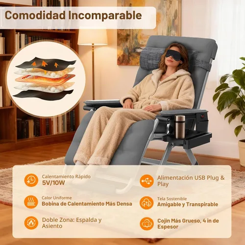 Vista 7 de Suteck Heated Zero Gravity Chair, 33" XXL Oversized Reclining Lounge Chairs Gris fósil.