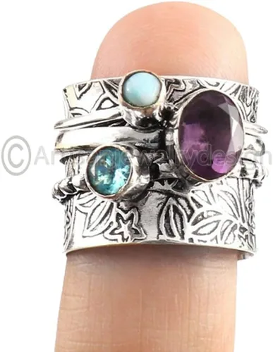 Vista 2 de Amethyst Spinner Ring for Women, Handmade 925 Sterling Silver Jewelry, Blue Topaz & Larimar Gemstone Fidget Ring, Wide Band Statement Design