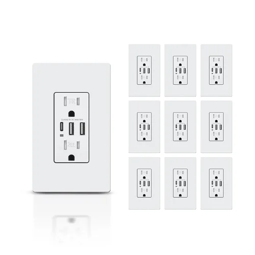Vista 10 de TOPELER Toma de pared USB C negra, toma eléctrica de carga rápida de 30W 6.0Amp con 3 puertos USB (1*Tipo C y 2*Tipo A), receptáculo resistente a