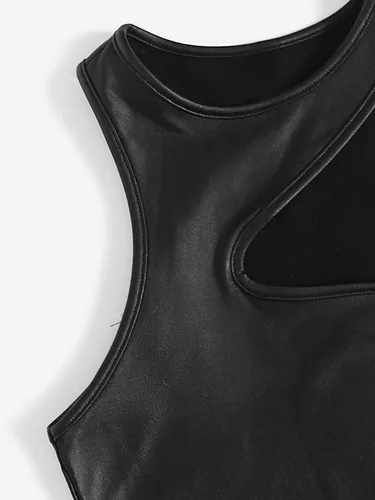 Vista 4 de SheIn Camiseta corta sin mangas asimétrica de piel sintética con cuello redondo para mujer