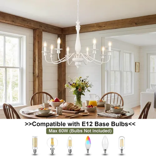 Vista 6 de Candelabros de granja para comedor, 6 luces envejecidas blancas francesas de campo, lámpara rústica de madera vintage, lámpara colgante