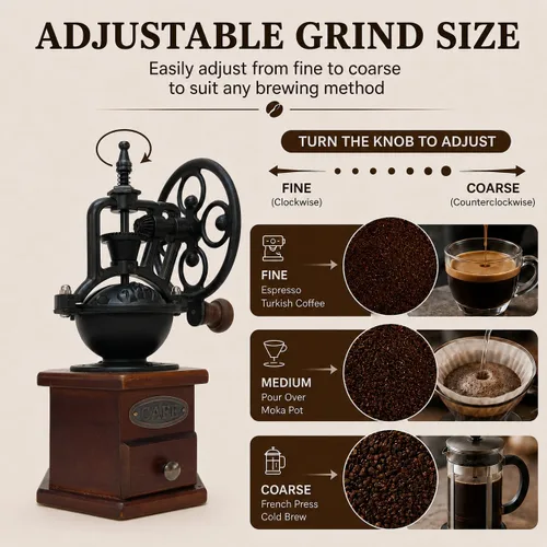 Vista 5 de Molino manual de granos de café, molino de café, manual con manivela de rueda de hierro y cuerpo de madera, molinillo de café de cerámica para uso