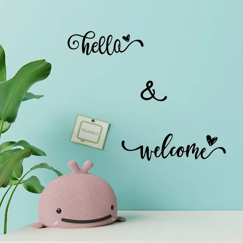 Vista 6 de PLIGREAT Calcomanías de pared con texto en inglés "Hello & Welcome Quotes", calcomanías de pared de vinilo removible para el hogar, oficina, lugar