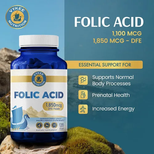 Vista 2 de Vykee Nutrition Cápsulas de ácido fólico - Apoya los procesos corporales, la salud prenatal y la energía - Suplemento de vitamina B9 para mujeres