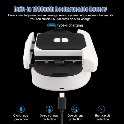 Vista 6 de Barajador automático de tarjetas para 2 cubiertas, máquina barajadora de póquer eléctrica con batería recargable de 1200 mAh, puerto tipo C, bajo
