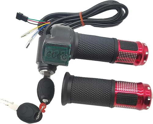 Vista 5 de Empuñadura del acelerador de bicicleta eléctrica, universal para bicicleta, acelerador giratorio con agarres rojos con pantalla LED e interruptor