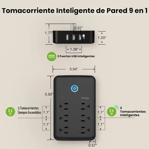 Vista 7 de GHome Smart Extensor de tomacorriente, protector de sobretensiones con 3 regletas inteligentes controladas individualmente y 3 puertos USB