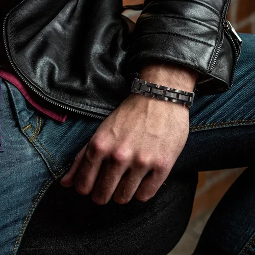 Vista 4 de Hombres Pulsera de acero inoxidable hombres pulsera negra Enlace diamante plata pulsera partículas azules joyería hombres cadena cajas de regalo