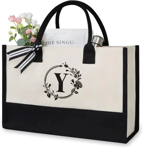 Vista 309 de TOPDesign Personalized Initial Canvas Beach Bag, Monogrammed Gift Tote Bag for Women