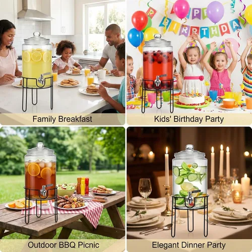 Vista 7 de Dispensador de bebidas de 1 galón con soporte, dispensadores de bebidas para fiestas, Navidad, dispensador de bebidas con grifo 100% a prueba