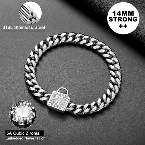 Vista 4 de Collar de cadena para perro con cierre de circonita cúbica de 0.551 pulgadas, acero inoxidable plateado, cadena cubana para mascotas (24 pulgadas)