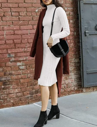Vista 6 de MEROKEETY - Vestido de manga larga acanalado para mujer, con cuello alto, ajuste entallado, longitud por debajo de la rodilla y tejido