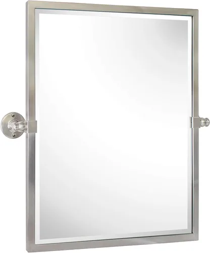 Vista 16 de Espejo rectangular de baño con marco de metal dorado cepillado, espejos de tocador biselados inclinables para pared, total 23.9 x 24 pulgadas