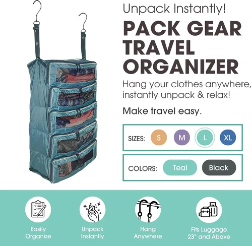 Vista 2 de Pack Gear Organizador colgante de maleta, cubos de embalaje plegables esenciales de viaje, paquete grande o equipaje de mano, organizador de estante
