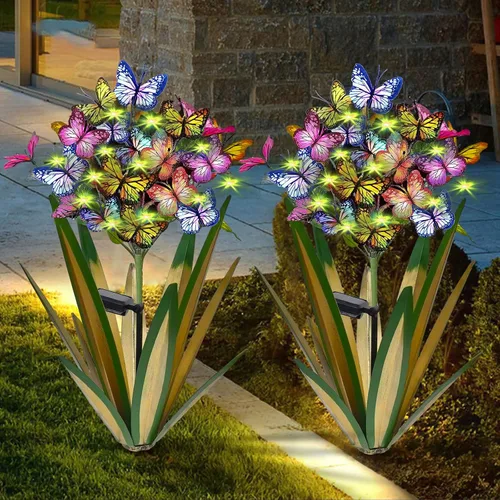 Vista 8 de Homight Escultura Solar de Metal Agave Mariposa Flor en Palo para Jardín - Regalo al Aire Libre, Luces de Navidad - Luces de Jardín de Mariposas