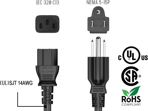 Vista 7 de Cable de alimentación universal de alta resistencia NEMA 5-15P a C13 blindado, 14 AWG, 15A/125V, SJT, negro