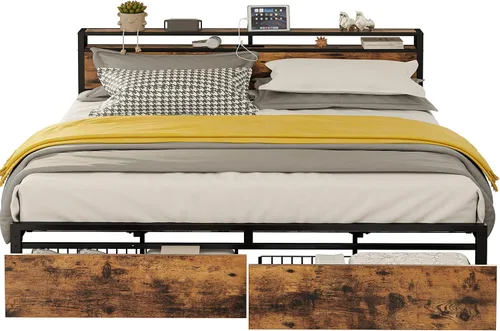 Vista 9 de LIKIMIO Marco de cama King con cabecera de almacenamiento, cama de plataforma con cajones y estación de carga, no necesita somier, fácil montaje