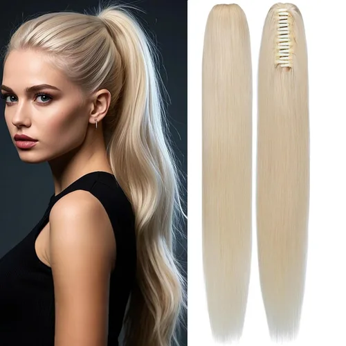 Vista 37 de Rich Choices Extensión de cola de caballo con clip de garra, cabello humano real, una pieza, extensiones de cabello largo Remy para mujer, #18P613
