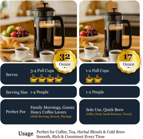 Vista 4 de ESPRO Light P3 - Cafetera de prensa francesa, microfiltro doble patentado para preparar sin arena, resistente al calor, prensa de café de vidrio