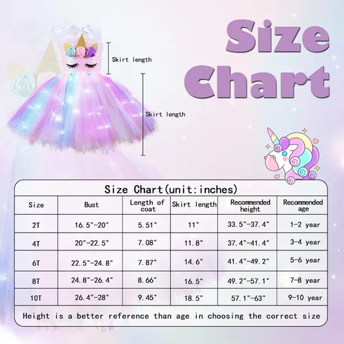 Vista 3 de Vestido de unicornio para niñas de 3 a 8 años con diadema tutú iluminado con lentejuelas disfraz de fiesta de unicornio vestido de princesa
