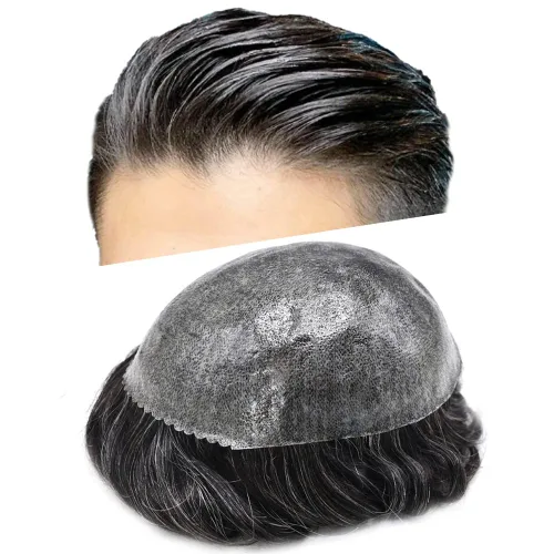 Vista 8 de Toupee - Sistema de reemplazo de cabello humano europeo completo para hombre, 0.004 in, inyección de poliuretano natural para hombres, sistema