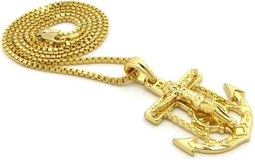 Vista 5 de Shiny Jewelers USA - Colgante de cadena cubana de cuerda para hombre Jesús con ancla de cruz y cadera, 24.0in
