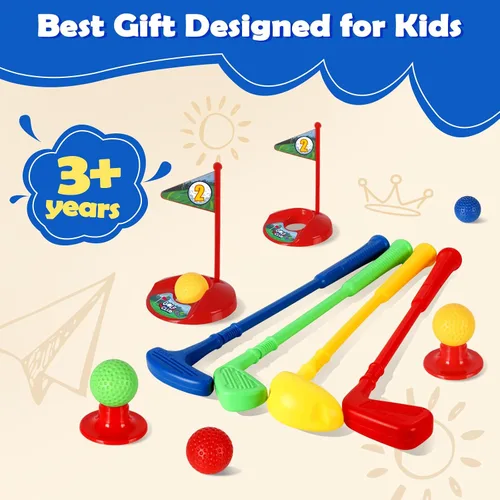 Vista 7 de SUPER JOY Juego de golf para niños pequeños, carrito de golf para niños con 4 palos y 8 pelotas, palos de golf para interiores y exteriores, palos