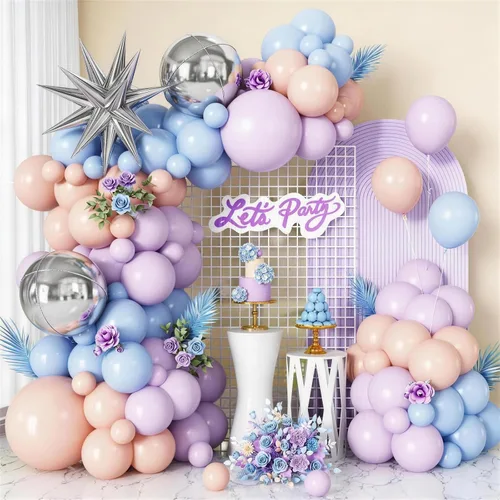 Vista 17 de Kit de guirnalda de arco de globos de color azul, blanco y plateado con globos de bola de discoteca, globos de papel de aluminio de estrella