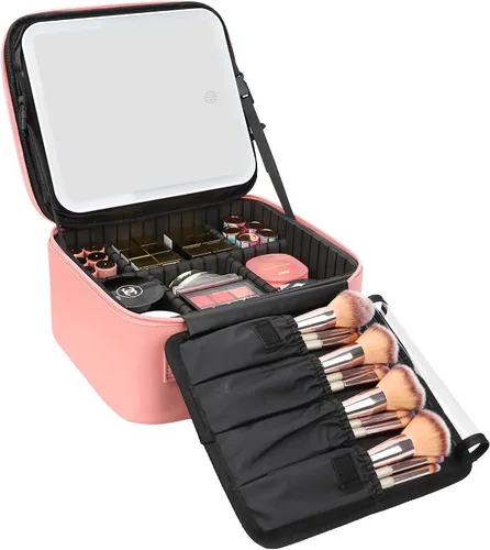 Vista 20 de Relavel Estuche de maquillaje con espejo LED, 01-Negro, Bolsa de maquillaje de viaje con espejo LED para niñas Compact Cosmetic Makeup Organizer