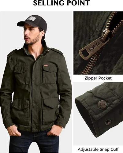 Vista 6 de WenVen Chaqueta ligera de estilo militar para hombre, rompevientos de algodón de sarga