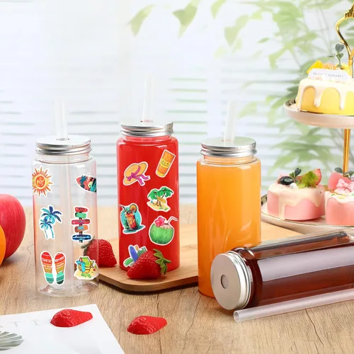 Vista 6 de Jingmore 12 botellas de plástico de 14 onzas con tapas para pajitas, vasos transparentes y reutilizables y calcomanías de verano para agua, té