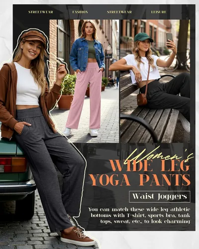 Vista 6 de Neer - Conjunto de 3 pantalones de yoga de pierna ancha para mujer - Pantalones deportivos cómodos, holgados, de cintura alta y casuales