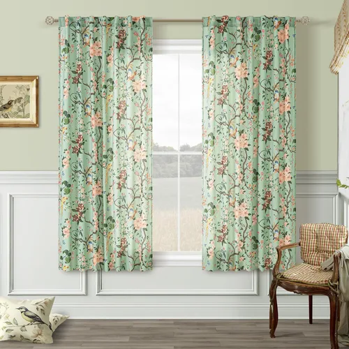 Vista 51 de Cortinas de lino de pájaro floral azul 2 paneles de 72 pulgadas de largo Aqua Blue
