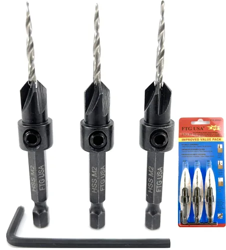 Vista 19 de FTG USA Juego de 3 brocas avellanadoras ajustables para madera #4 (7/64 pulgadas) con broca cónica para carpintería