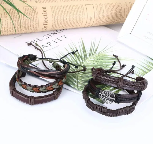 Vista 5 de Pulsera de cuero del árbol de la vida, 6 pulseras de cuero trenzado étnico tribal, pulseras ajustables para hombres y mujeres, Cuero