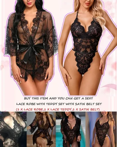 Vista 2 de Avidlove Conjunto de lencería sexy para mujer, 2 piezas, bata de kimono de encaje con lencería de encaje