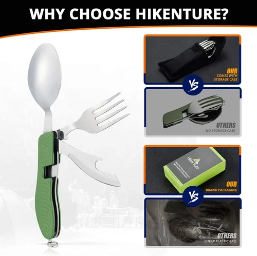 Vista 6 de HIKENTURE 4 en 1 Utensilios para Camping, Juego de Cubertería de Acero Inoxidable con Cuchara, Tenedor, Cuchillo y Abrebotellas, Cubiertos
