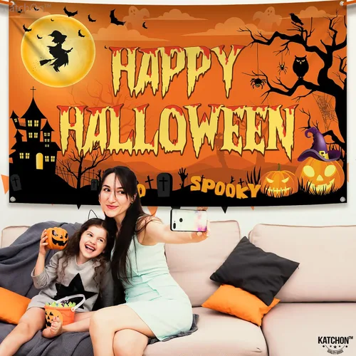 Vista 5 de KatchOn Pancarta espeluznante de Feliz Halloween, extragrande, 72 x 44 pulgadas, telón de fondo naranja de fotos de Halloween para decoraciones