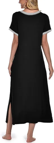 Vista 5 de PrinStory Camisón de manga corta para mujer, con cuello en V, suave, ropa de dormir informal con bolsillos