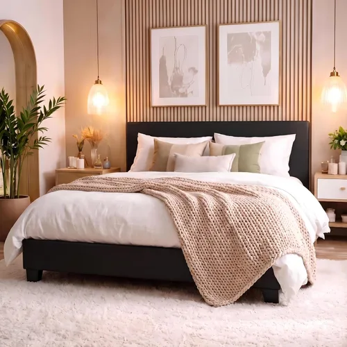 Vista 16 de Allewie Base de cama tamaño matrimonial con cabecera ajustable, cama tapizada con plataforma y listones de madera, base de colchón resistente,