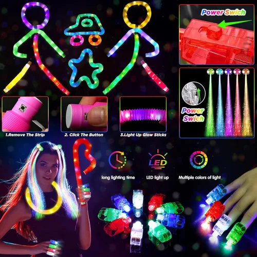 Vista 8 de SHQDD Suministros de fiesta, recuerdos de fiesta que brillan en la oscuridad para adultos y niños, 27 accesorios de carnaval, 56 juguetes con luz