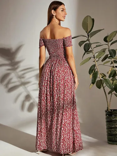 Vista 2 de MakeMeChic Vestido largo de verano con estampado floral bohemio y hombros descubiertos para mujer