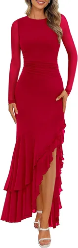 Vista 10 de BTFBM Maxi vestidos de mujer otoño 2026 manga larga vestido de invitada de Café