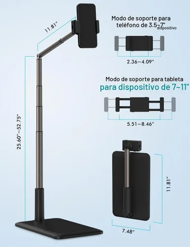 Vista 4 de Viozon Soporte de Piso para Tablet con Brazo Largo Flexible y Soporte para Teléfono, Ajustable en Ángulo 360°, Aleación de Aluminio, para Cama Negro