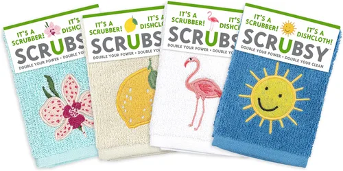 Vista 11 de MÜkitchen SCRUBSY 100% Cotton Kitchen Dish Cloth with Built in Scrubber Kit Various Designs and Super Absorbent Set of 4 (Avian)