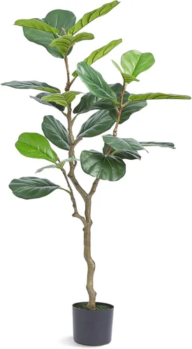 Vista 16 de VEVOR Árbol de ficus artificial de 5 pies con maceta negra, planta alta de ficus sintético con tronco de madera natural y hojas verdes realistas