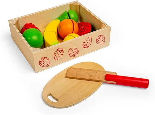 Vista 6 de Bigjigs Toys Caja de madera para cortar frutas con tabla de cortar y cuchillo - Juguetes de comida para jugar