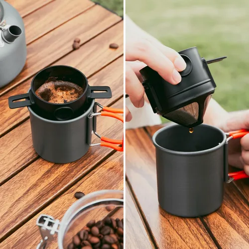 Vista 6 de Odoland Cafetera de camping Cafeteras de camping, hervidor de camping de 1.2 L con taza de camping y filtro de café de campamento de utensilios